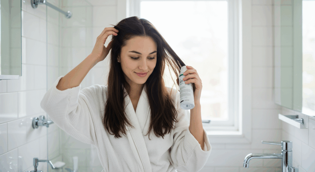 Mulher aplicando shampoo a seco na raiz do cabelo escuro em banheiro iluminado.