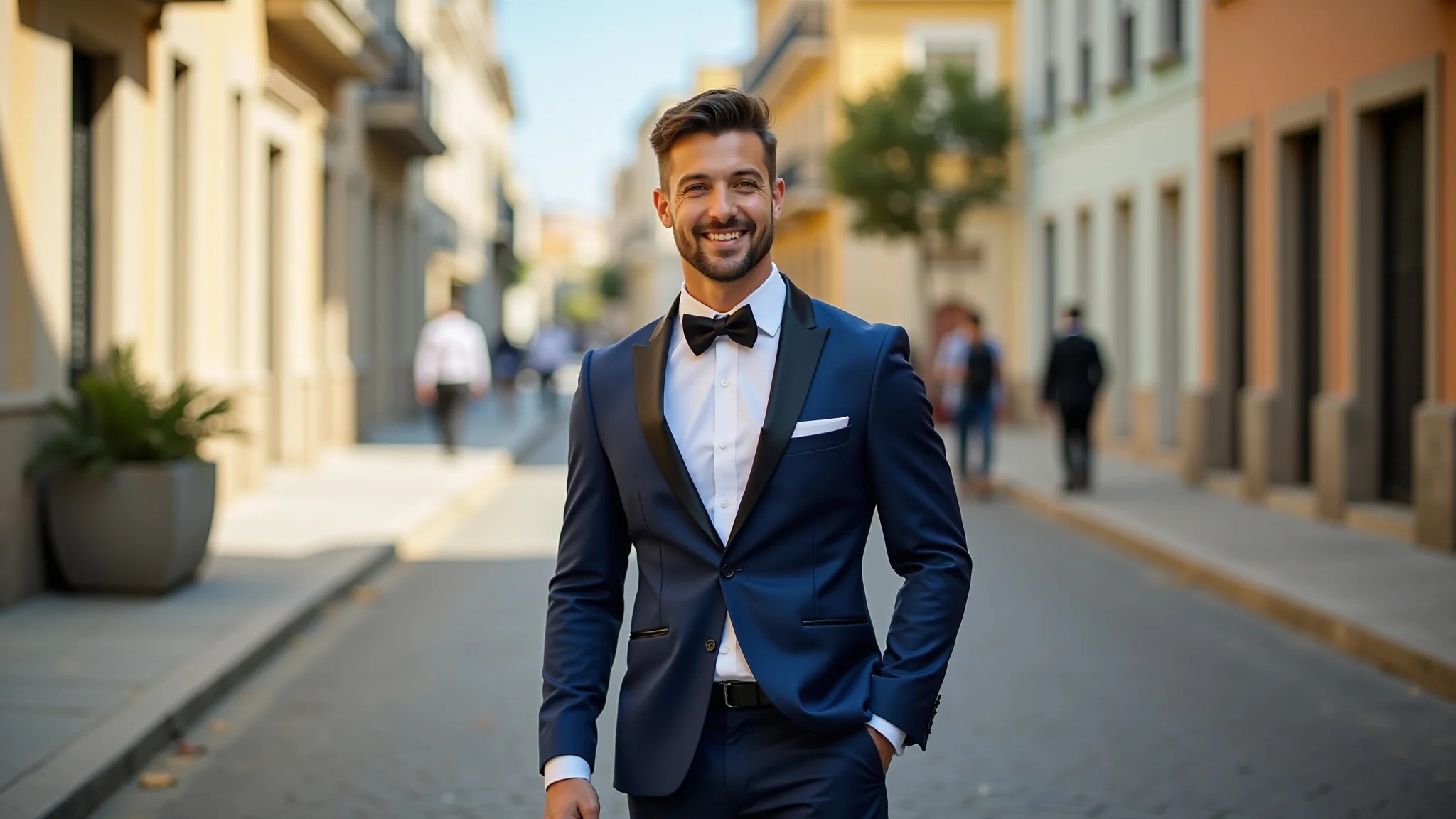 Noivo moderno e elegante em terno azul marinho estiloso em cenário urbano ensolarado.