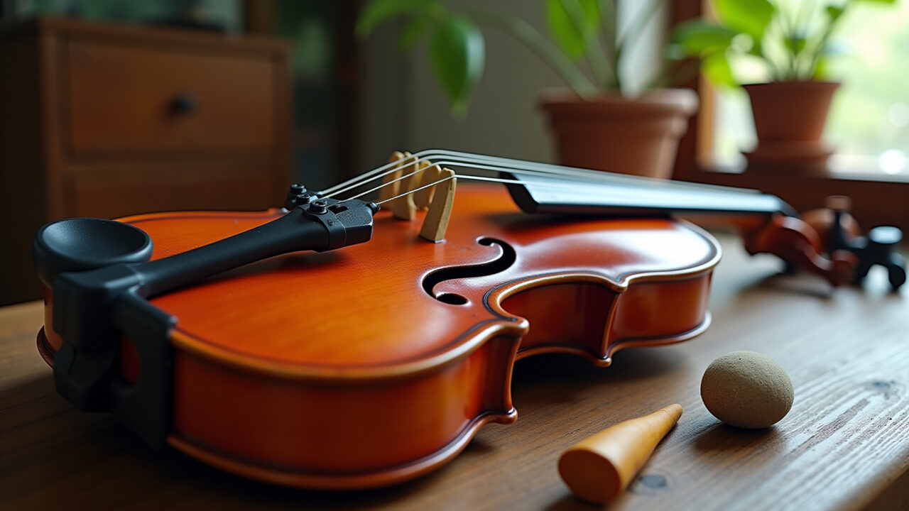 Violino de caixa de sapato em ambiente doméstico.