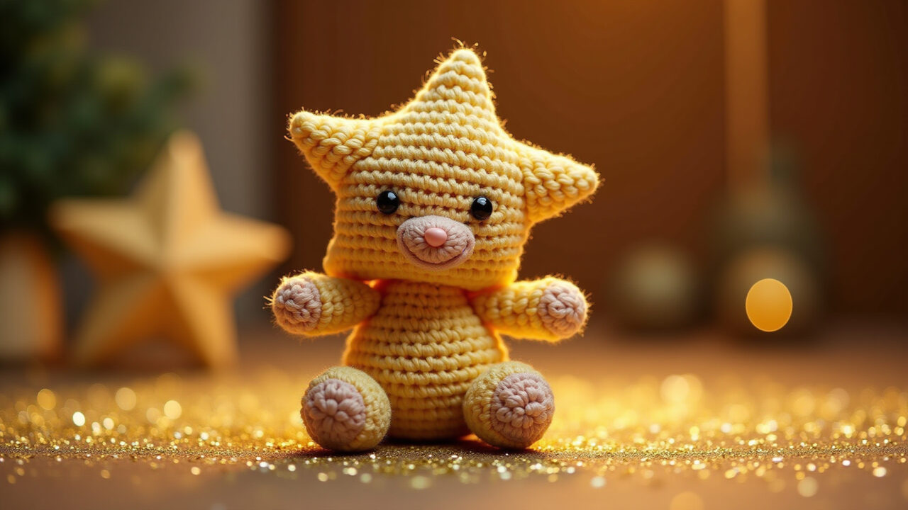 Amigurumi estrela cadente com rastro de brilho.