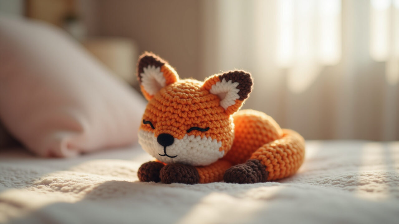 Amigurumi de raposa dormindo, amigo aconchegante.