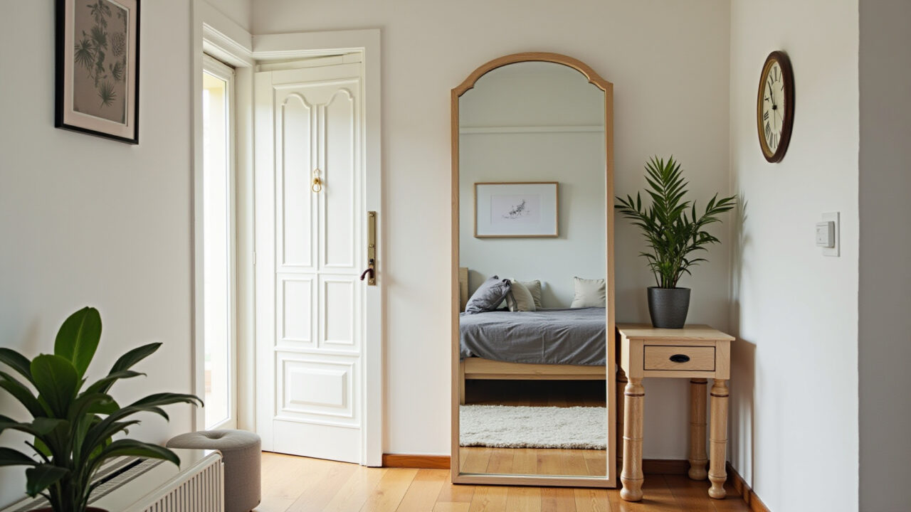 Small apartment interior with large mirror reflecting light, creating spaciousness. Brazilian Interior de kitnet com espelho grande ampliando o espaço.