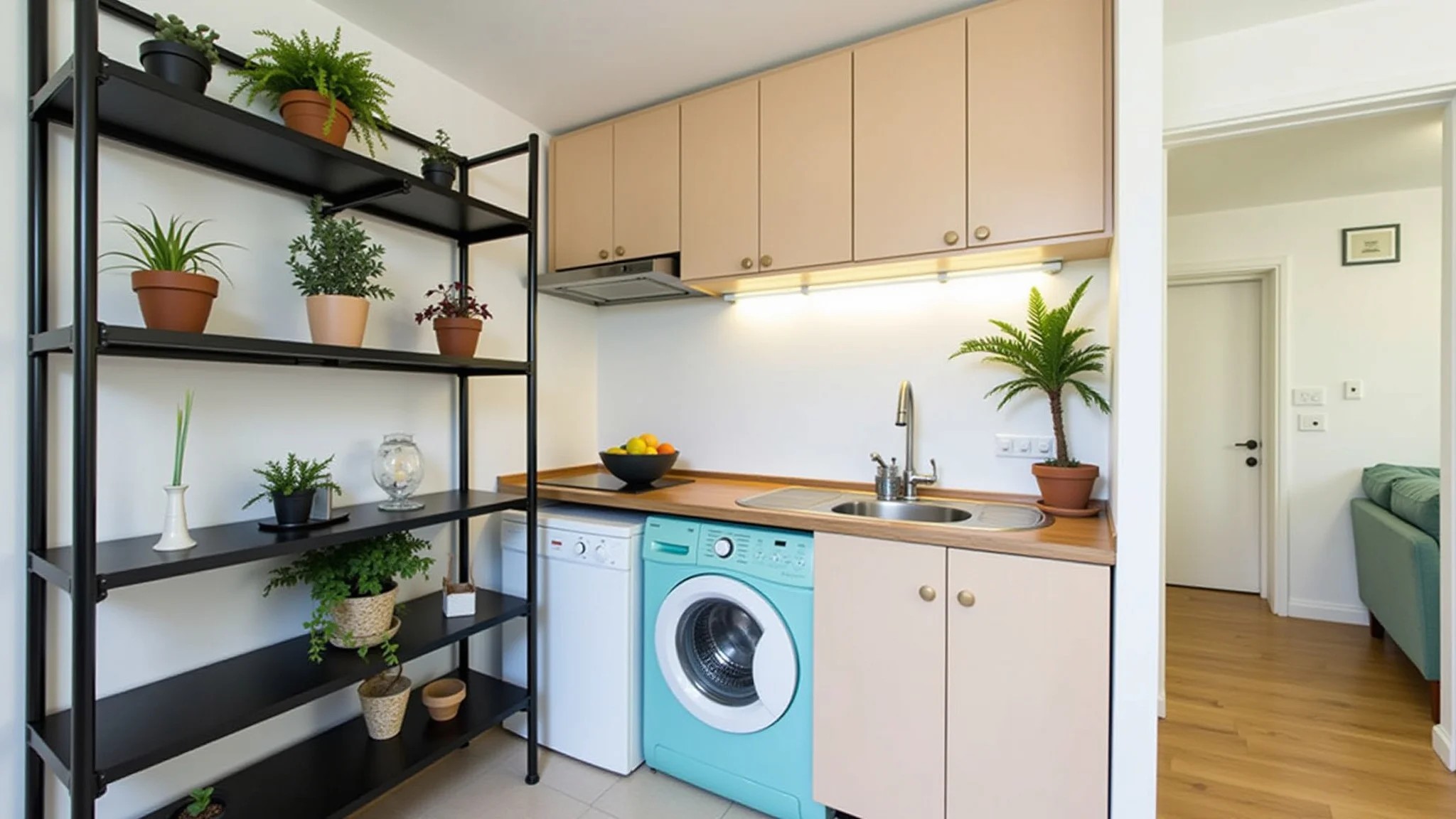 Apartamento pequeno com estante vazada de metal separando cozinha da lavanderia.