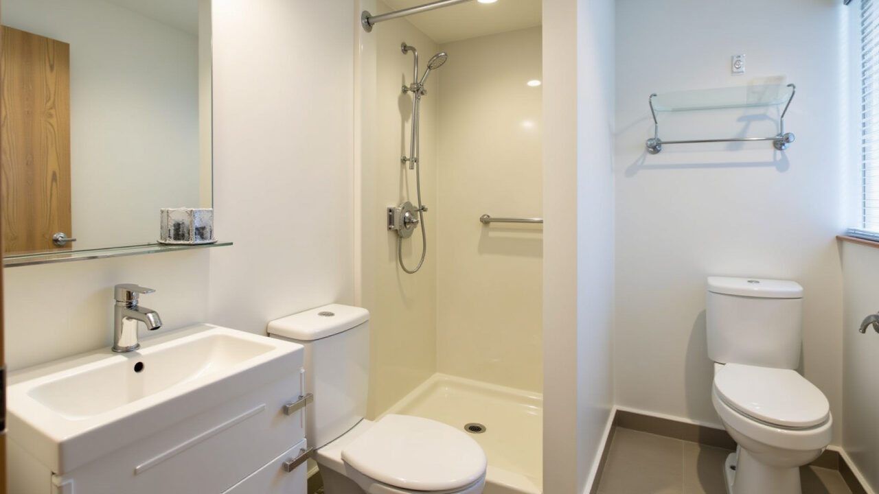 Small bathroom design, one-bedroom apartment, functional layout, modern fixtures, neutral colors, Banheiro pequeno e funcional em casa de um quarto com design moderno.