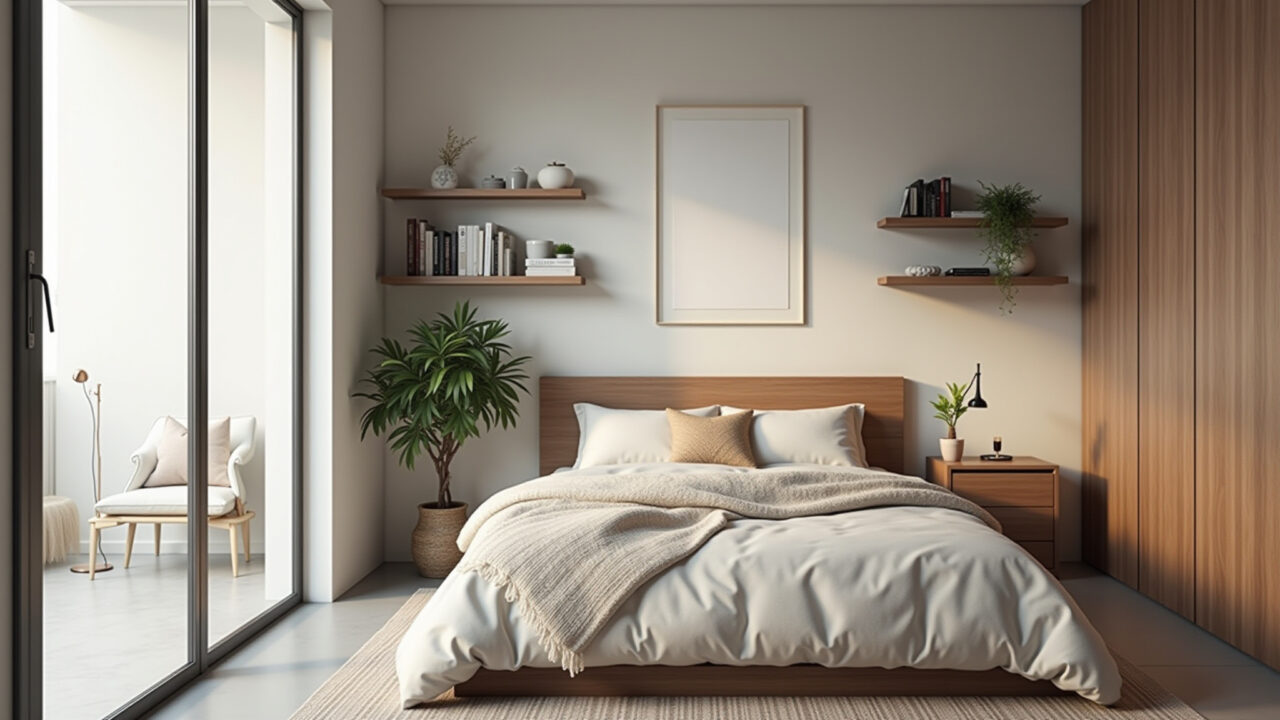 Small bedroom design, Brazilian style, single bed, minimalist decor, natural light, cozy Quarto de solteiro pequeno com decoração minimalista e estilo brasileiro.