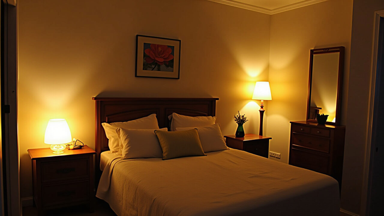 Small Brazilian apartment with strategic lighting: lamps, floor lamps, LED strips. Warm light, Kitnet brasileira com iluminação estratégica e aconchegante.