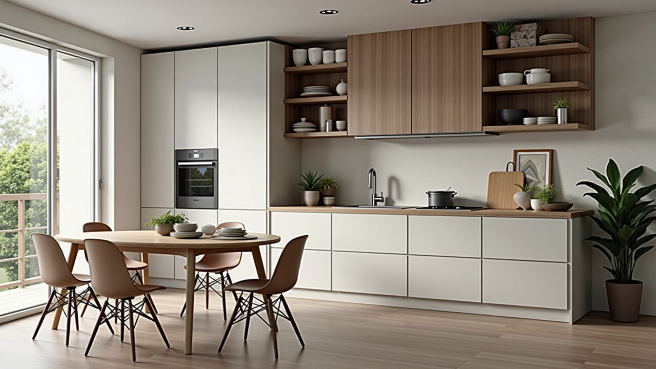 Cozinha compacta planejada com armários sob medida.