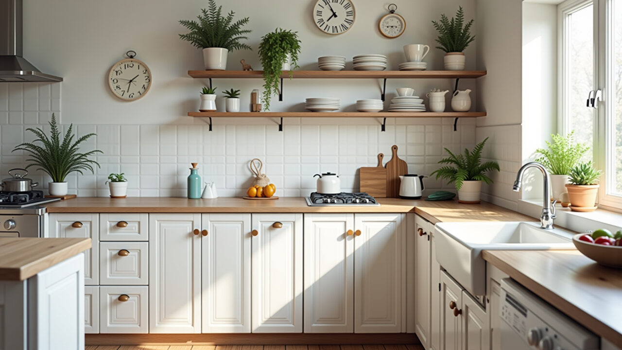 Small classic kitchen, bright white cabinets, open shelves with plants, natural light, cozy, 8k, Cozinha clássica pequena otimizada com armários brancos e prateleiras abertas.