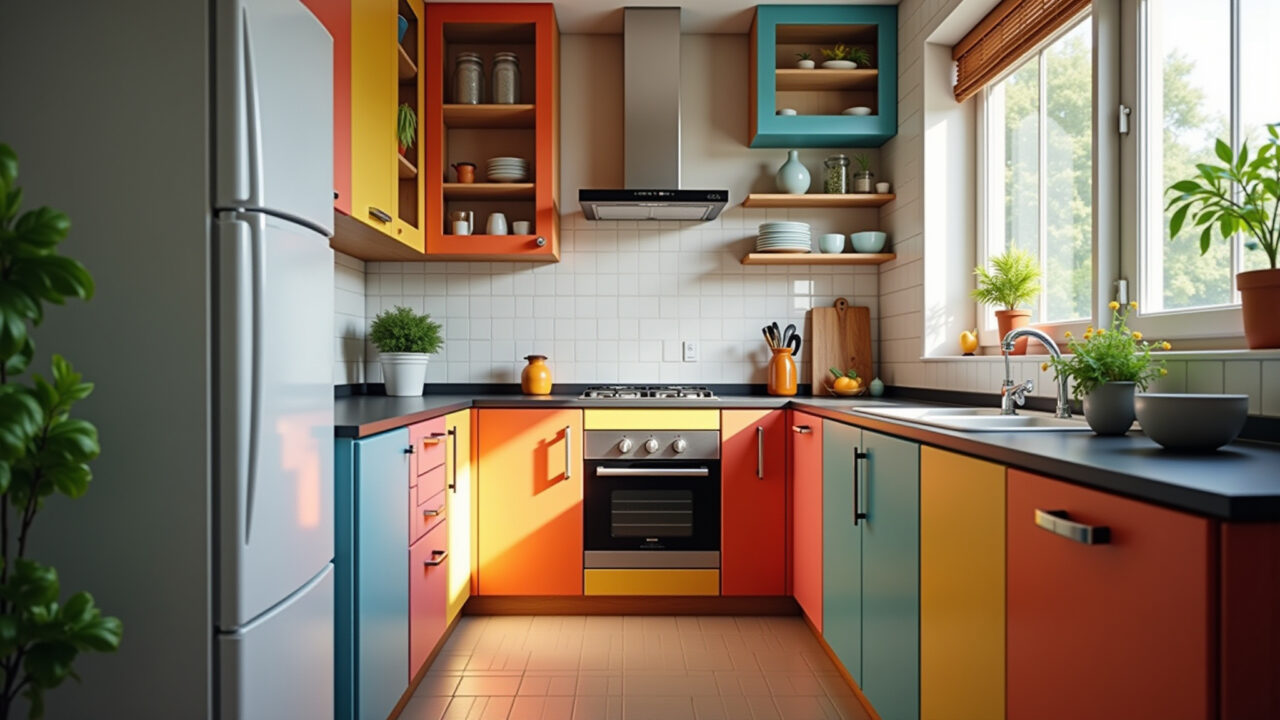 Small kitchen with colorful cabinets, Brazilian style, 8K quality, professional photography, Cozinha pequena com armários coloridos.