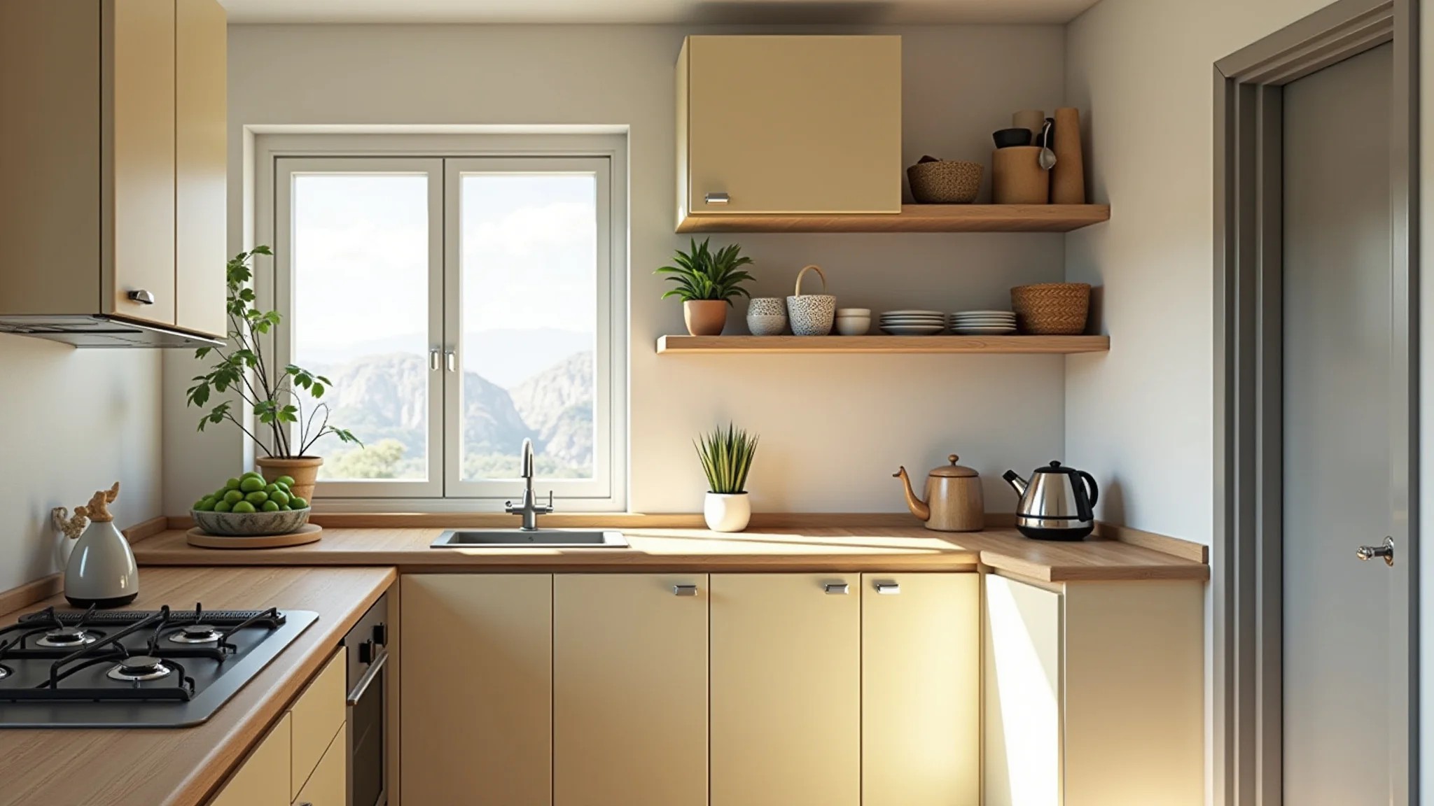 Cozinha pequena com cores claras e iluminação estratégica para ampliar o ambiente.