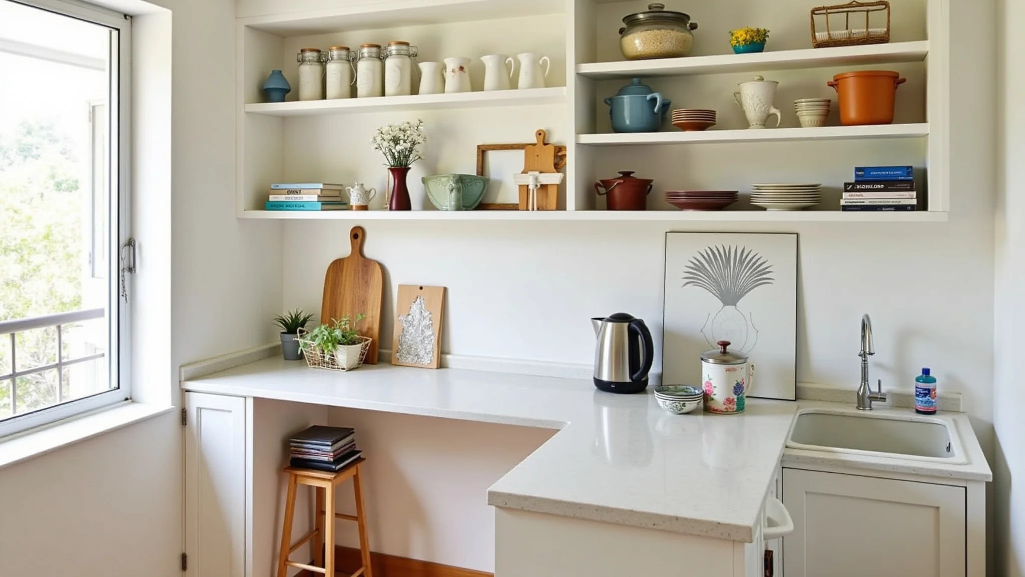 Cozinha pequena com prateleiras e nichos para organizar e decorar.