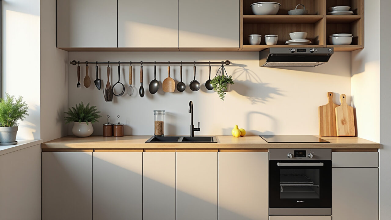 Utensílios suspensos em cozinha pequena.