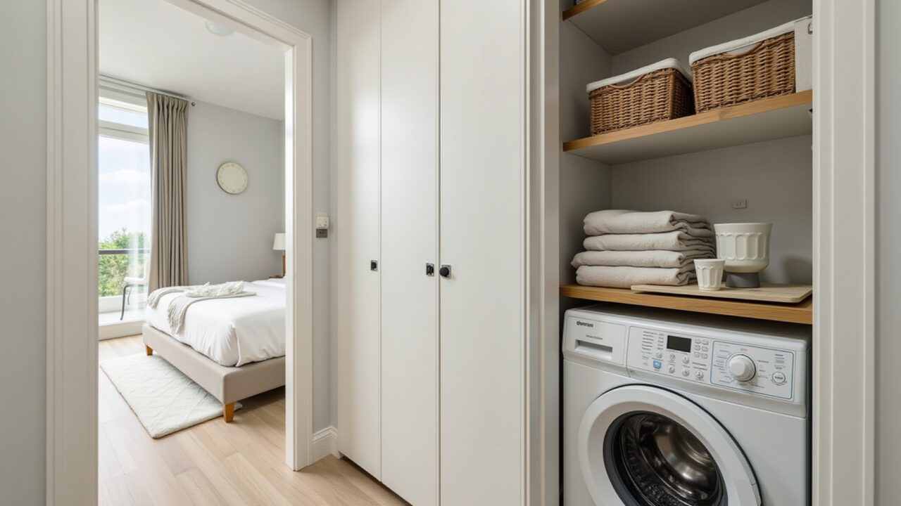 Small laundry area, one-bedroom house, washing machine, organization, shelves, bright lighting, Área de serviço pequena e organizada em casa de um dormitório.