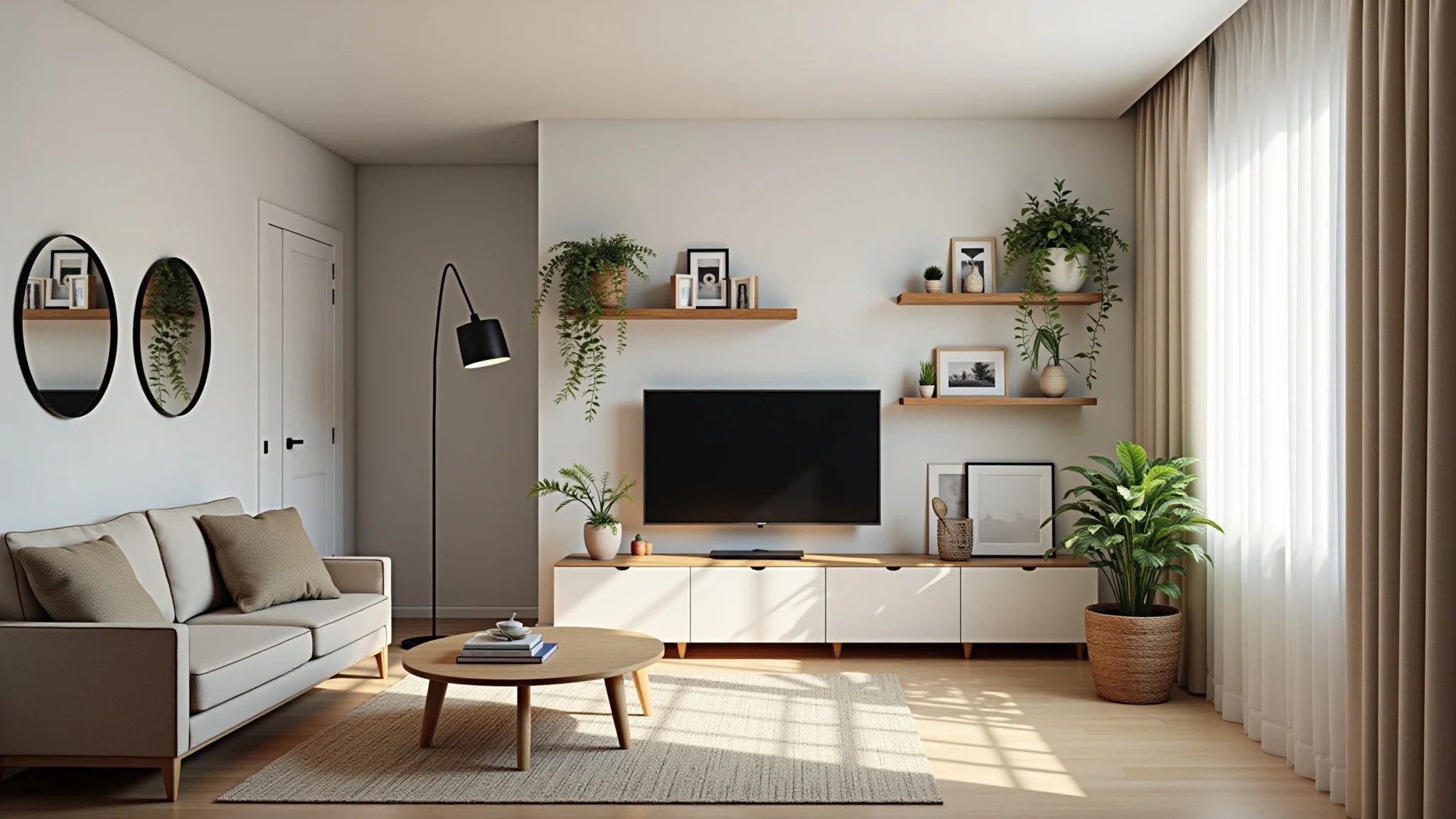 Sala pequena com móveis multifuncionais, prateleiras e espelhos para ampliar o espaço.