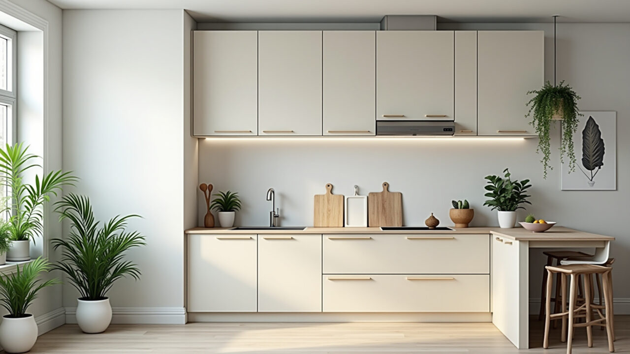 Small modern kitchen, optimized space, light colors, minimalist design, potted plants, natural Cozinha moderna pequena com armários planejados.