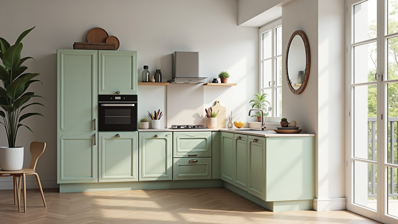 Cozinha vintage pequena com móveis planejados e cores claras.
