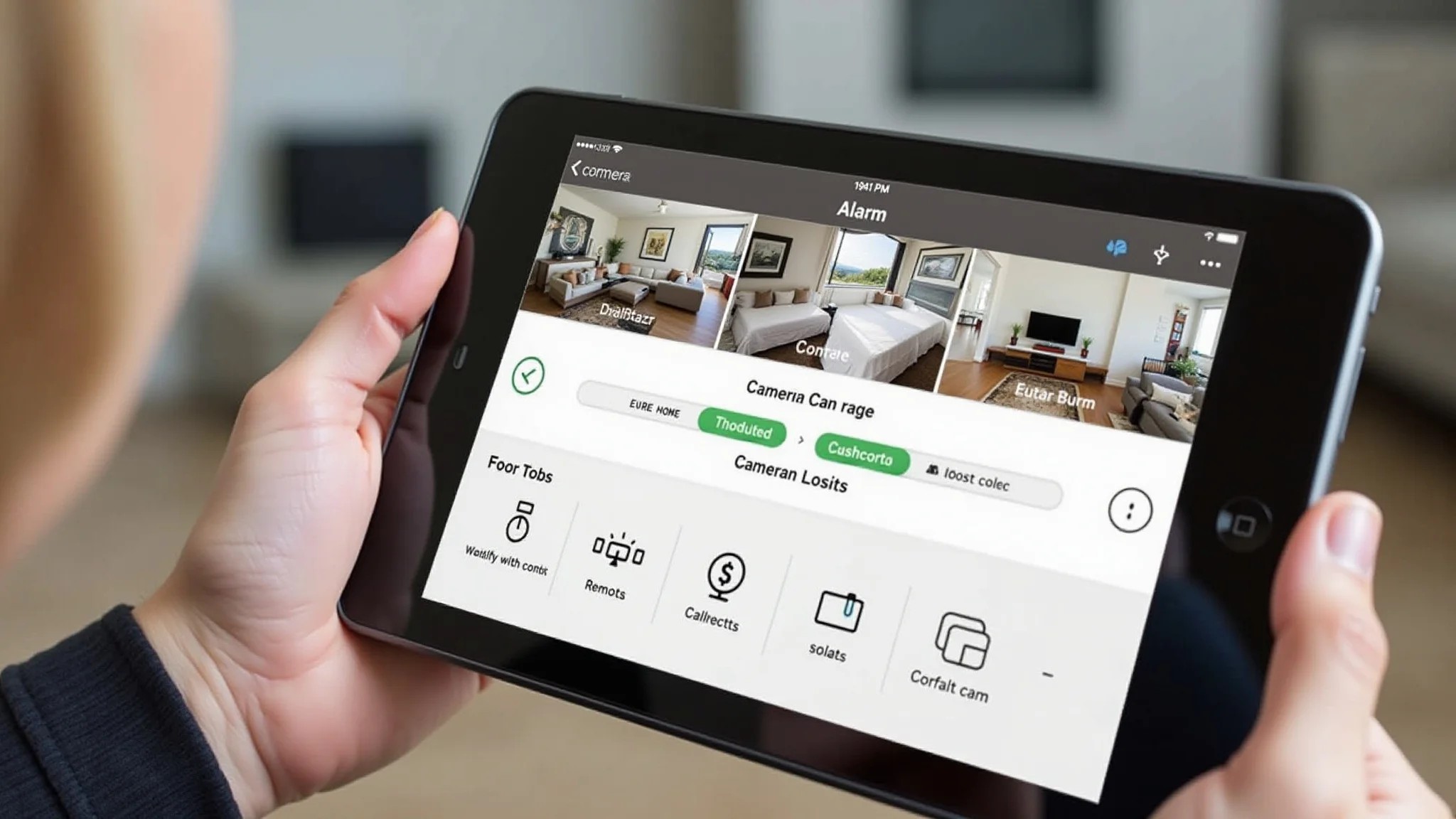 Interface de segurança residencial inteligente em tablet, mostrando câmeras e alarmes.