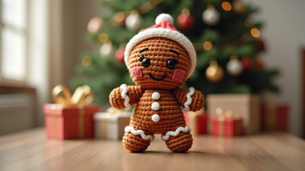 Amigurumi biscoito de gengibre sorridente.
