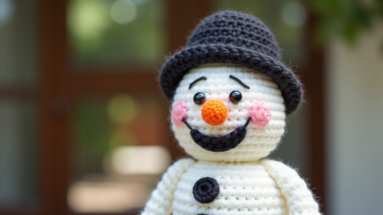 Amigurumi boneco de neve sorridente na porta.