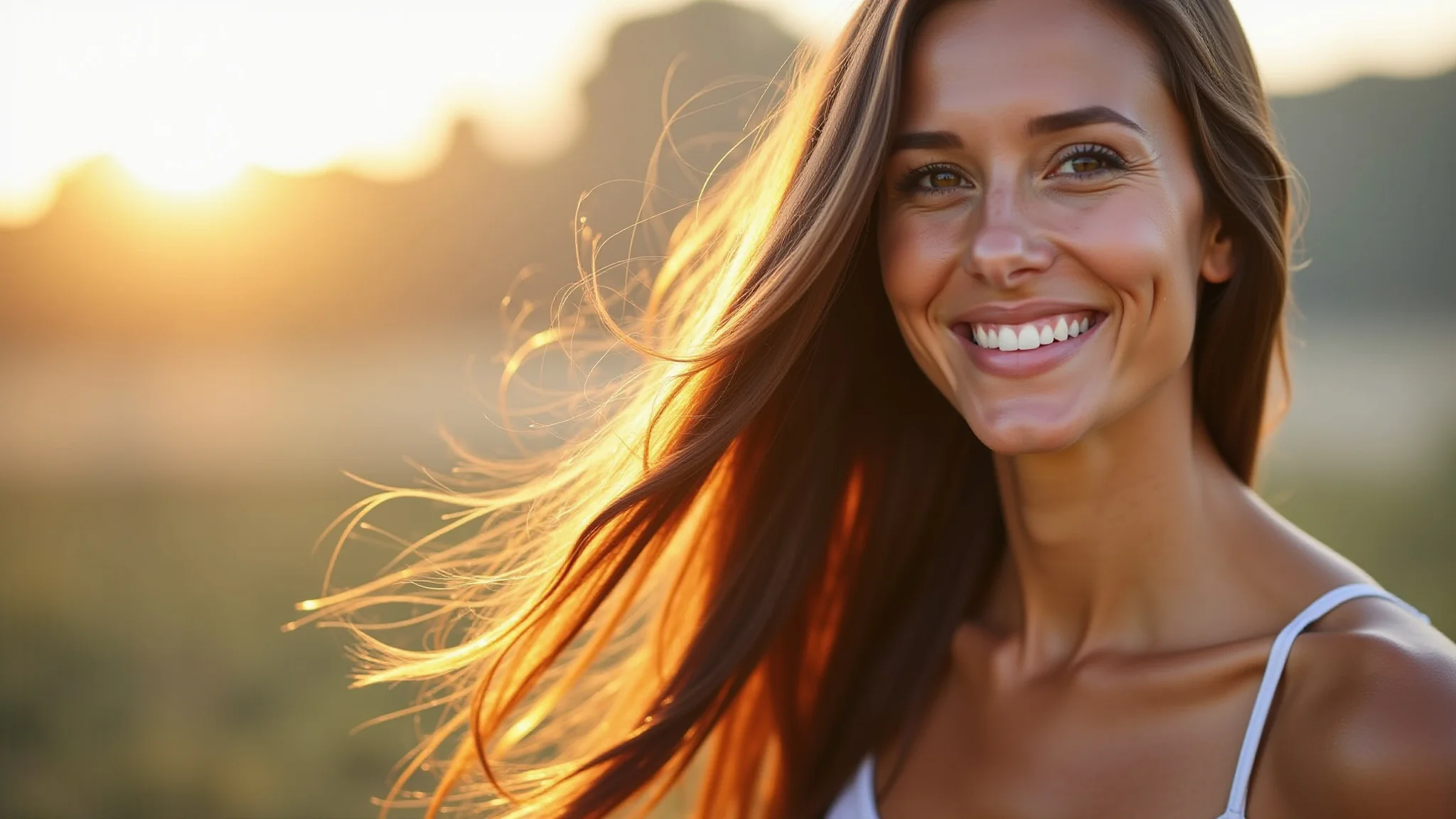 Mulher sorrindo com cabelo saudável e brilhante após rotina de cuidados.