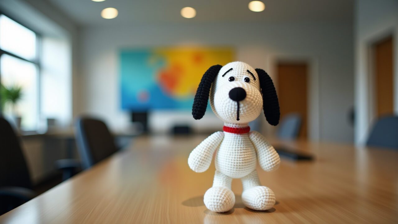 Snoopy amigurumi on desk, modern office, Brazilian art, natural light, commercial photography, 8K, Amigurumi do Snoopy em mesa de escritório.