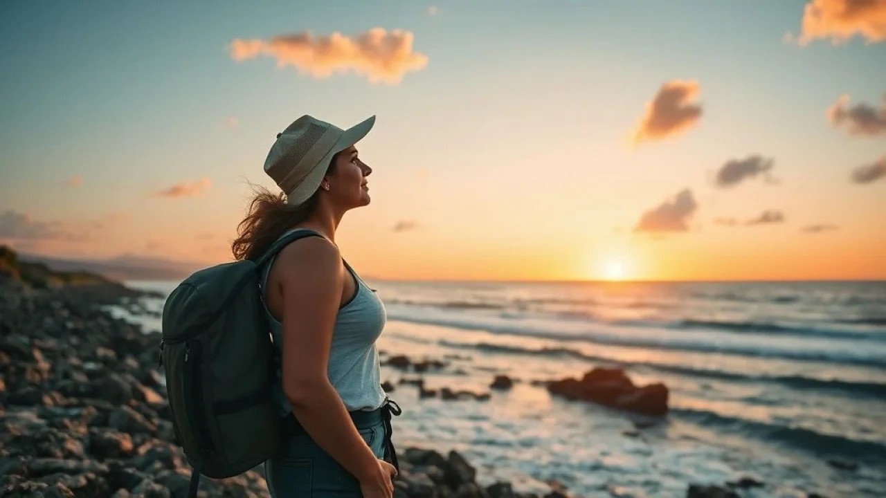 Mulher admirando o pôr do sol na Praia da Galheta, Floripa, SC, em uma aventura solo.