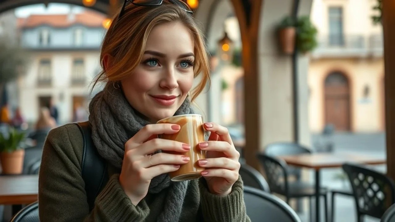 Mulher saboreando chocolate quente em Campos do Jordão, SP, destino romântico e elegante.