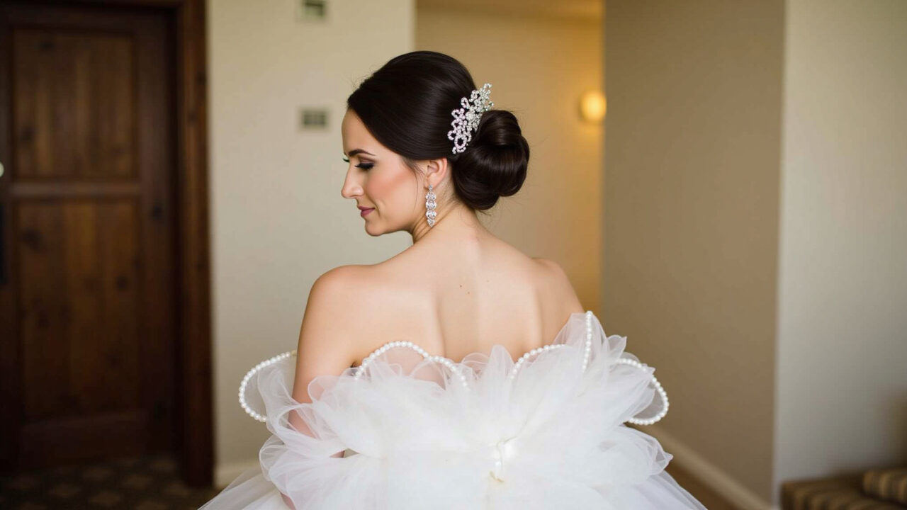 Sophisticated bride with donut bun updo, wearing a voluminous wedding dress, elegant setting, soft Noiva sofisticada com coque rosquinha e vestido volumoso.