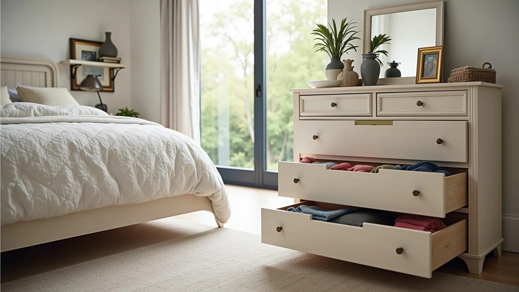 Quarto espaçoso com cômoda grande, gavetas organizadas e roupas dobradas.