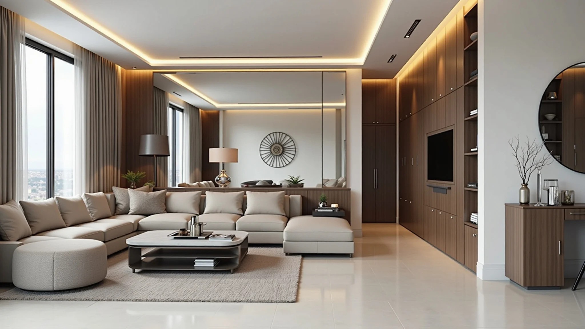 Sala de estar espaçosa com espelho grande e iluminação brilhante.