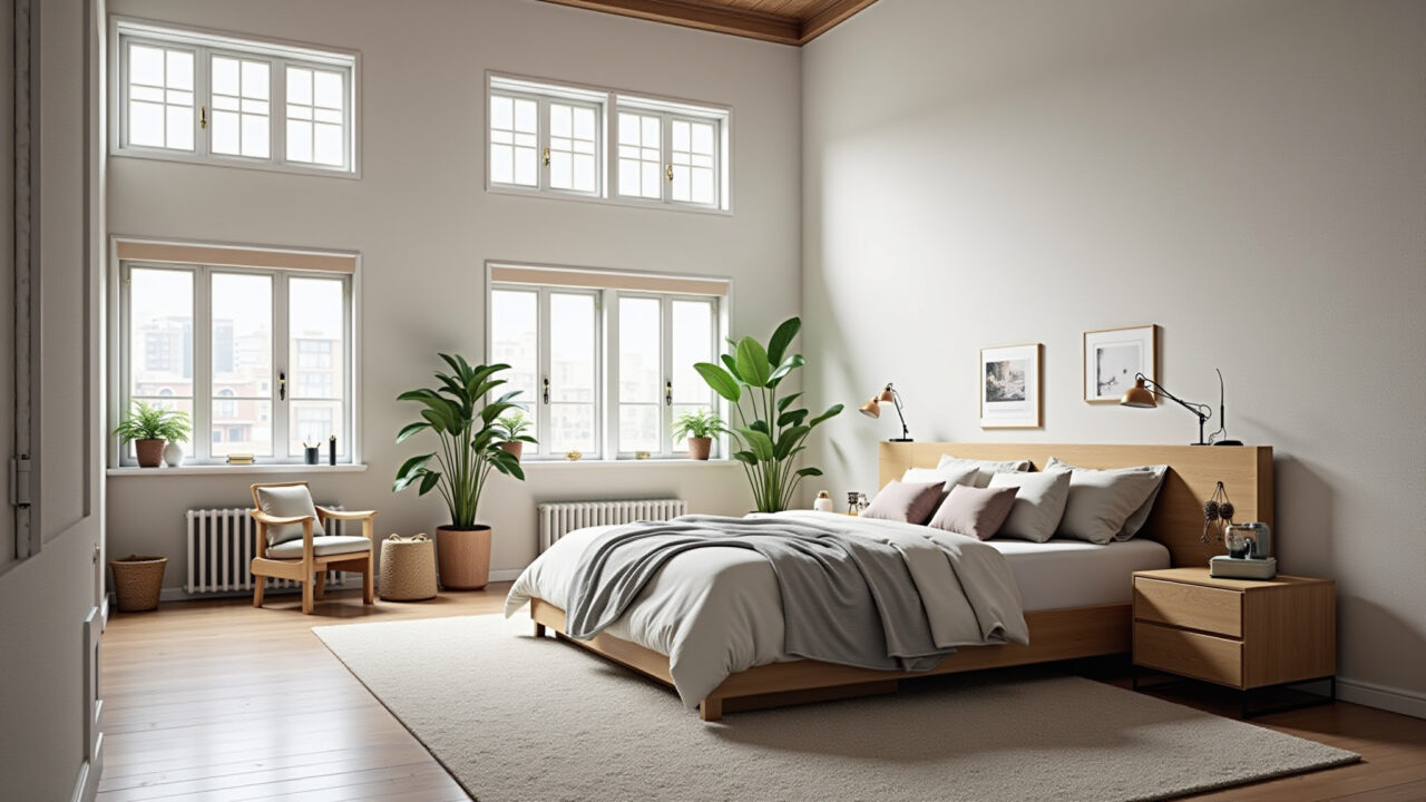 Spacious loft, double-height, neutral colors, Brazilian design accents, natural light, 8K, Loft com cores claras e neutras.