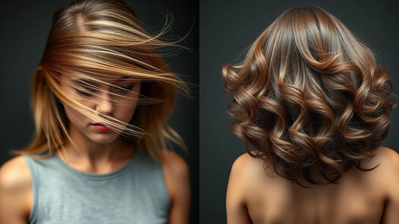 Split image: Left - greasy hair strands, right - clean, voluminous hair after using the right Cabelo oleoso antes e depois do shampoo ideal. Transformação capilar.