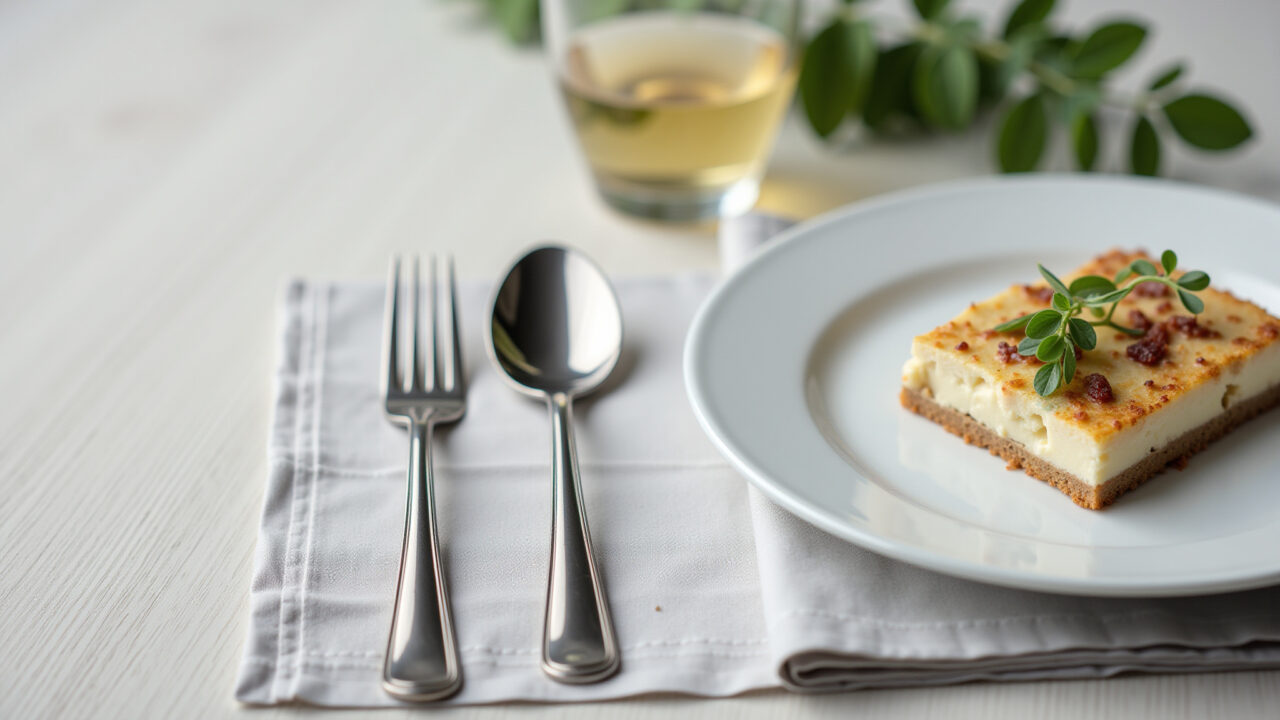 Stainless steel cutlery and elegant glassware arranged around a dinner plate, with soft, natural Talheres de aço inoxidável e copos elegantes ao redor de um prato.