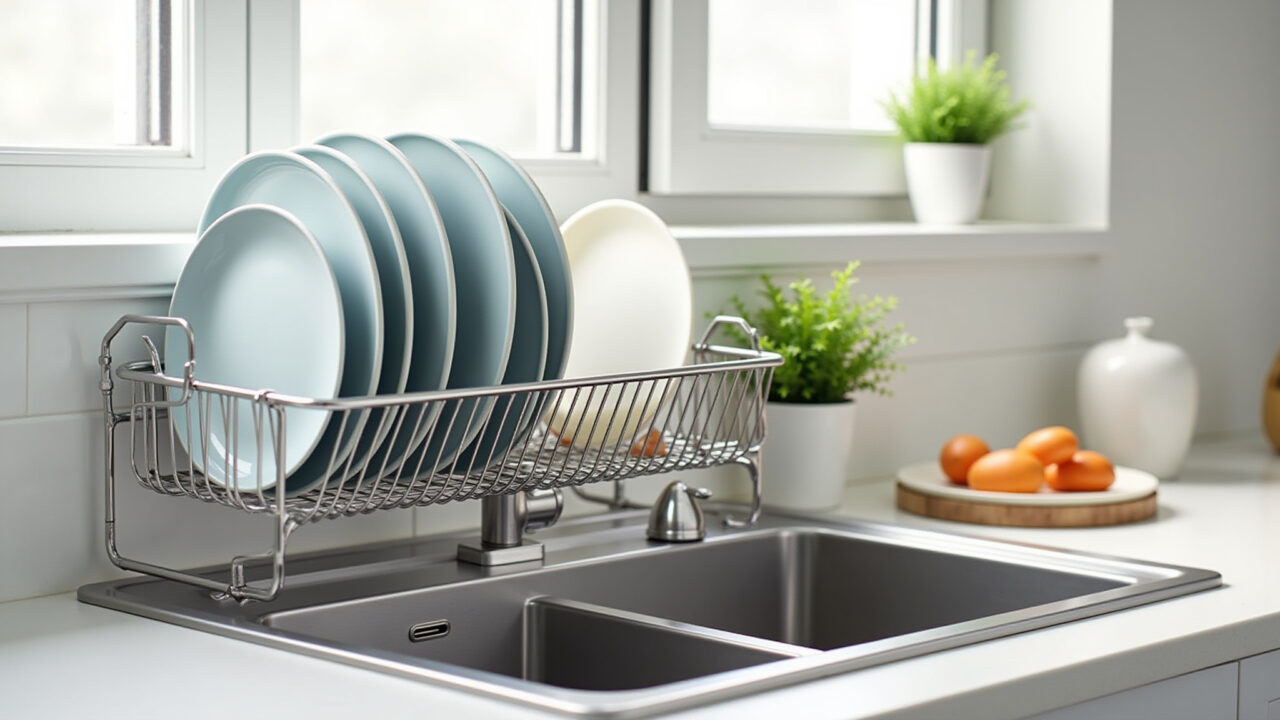 Escorredor de louça de inox com pratos limpos.