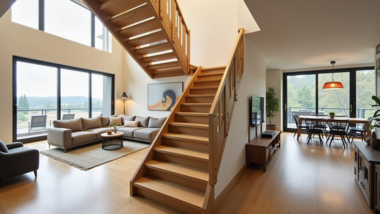 Staircase in double-height living room, modern design, natural wood, large window, natural light, Escada moderna em sala com pé direito duplo e iluminação natural.
