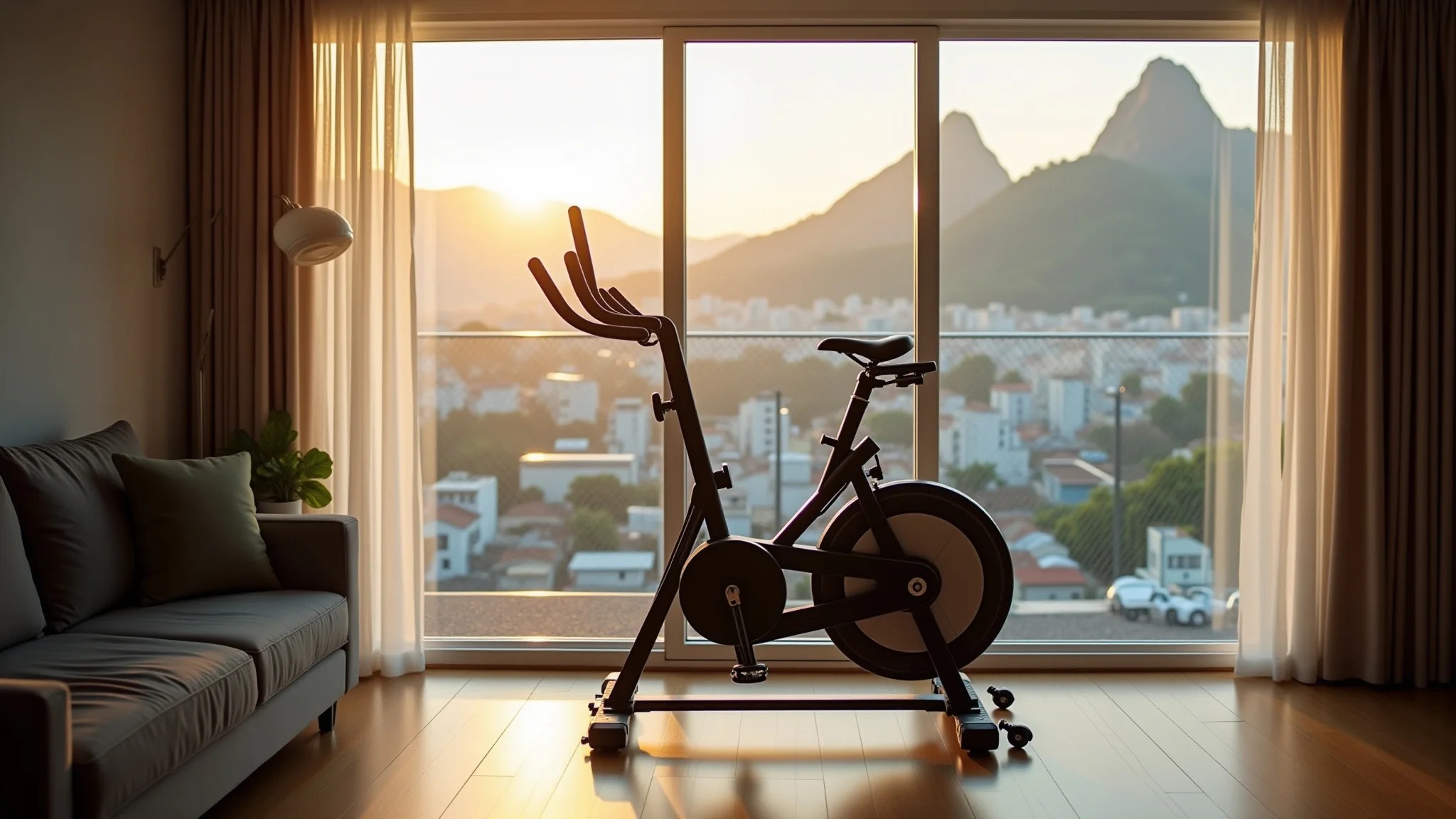 Bicicleta ergométrica em apartamento moderno com vista para o Rio de Janeiro.