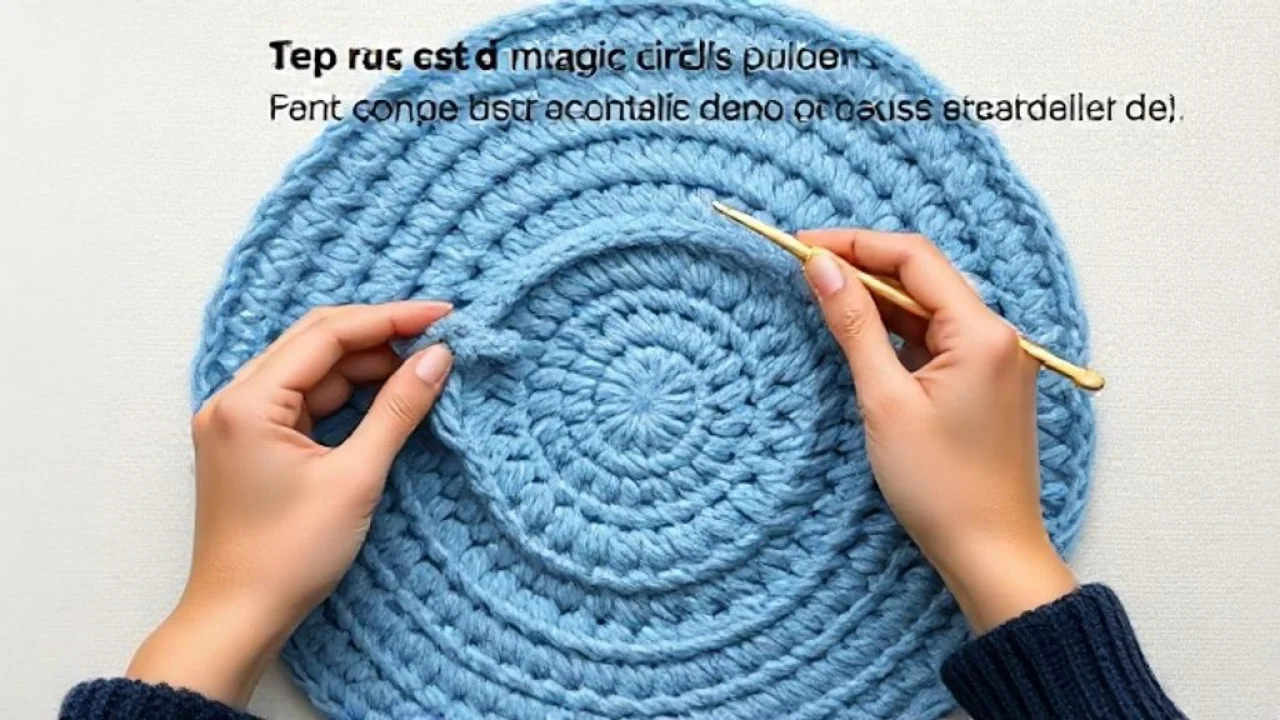 Step-by-step tutorial image demonstrating the magic circle technique for crocheting a round rug, Tutorial passo a passo de como fazer o círculo mágico no crochê.
