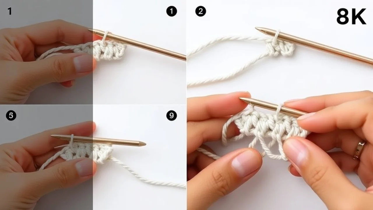 Step-by-step visual guide showing how to make a crochet chain stitch (correntinha), hands Tutorial visual passo a passo ensinando como fazer o ponto correntinha em crochê.