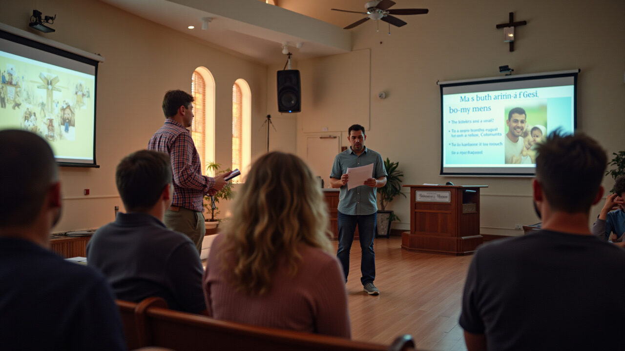 Storytelling session with visual aids, biblical narrative, engaging storyteller, church setting, Sessão de contação de histórias com recursos visuais.