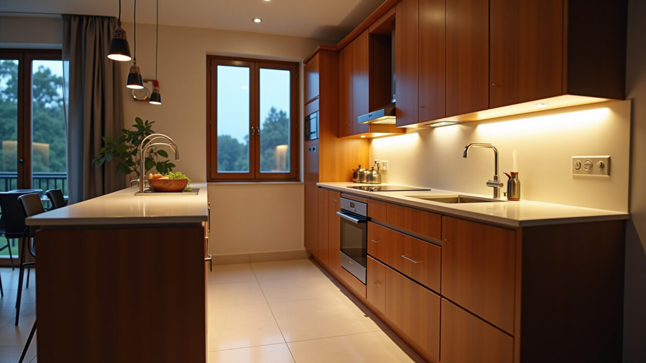 Iluminação estratégica com spots e LED em cozinha moderna.