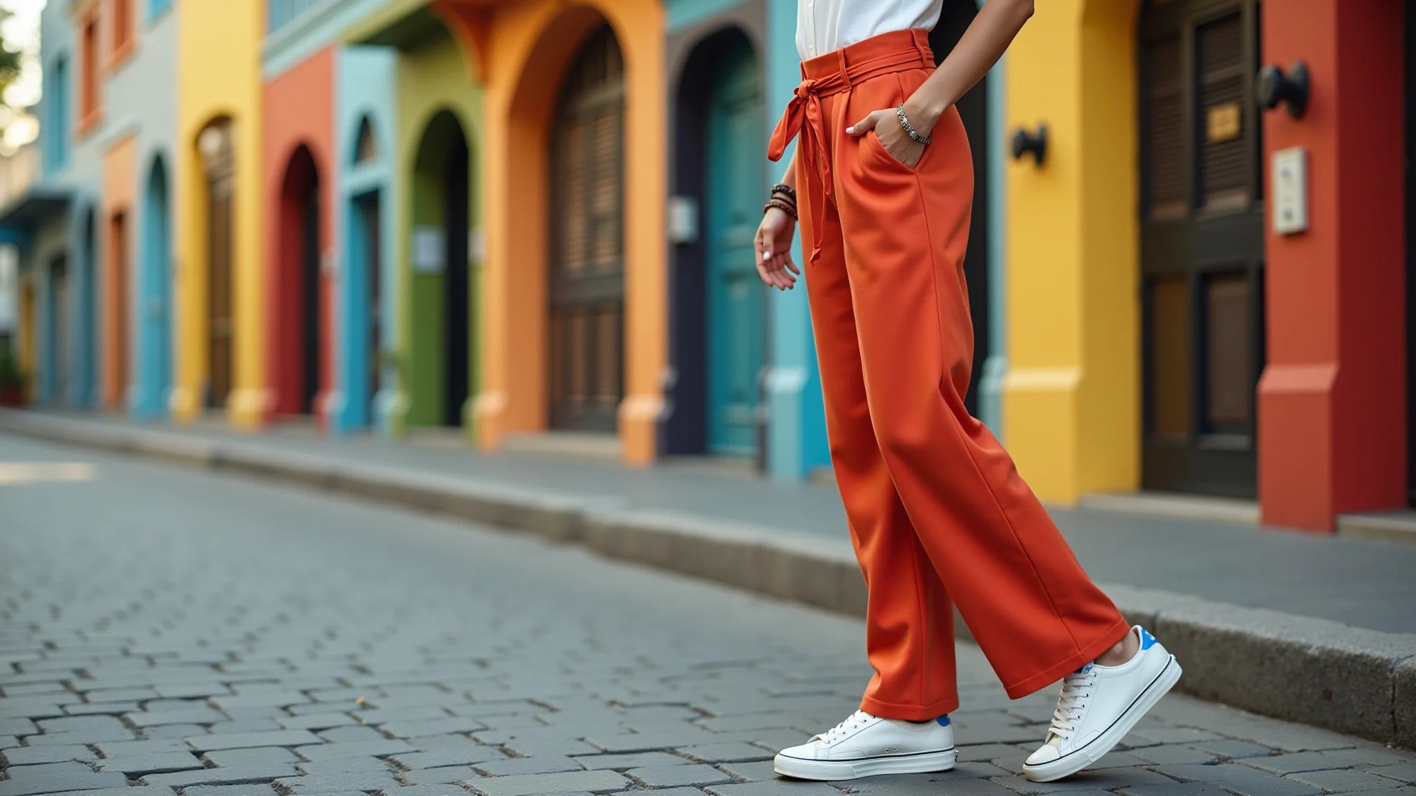 Mulher brasileira estilosa com calça pantalona e tênis em cenário urbano vibrante.