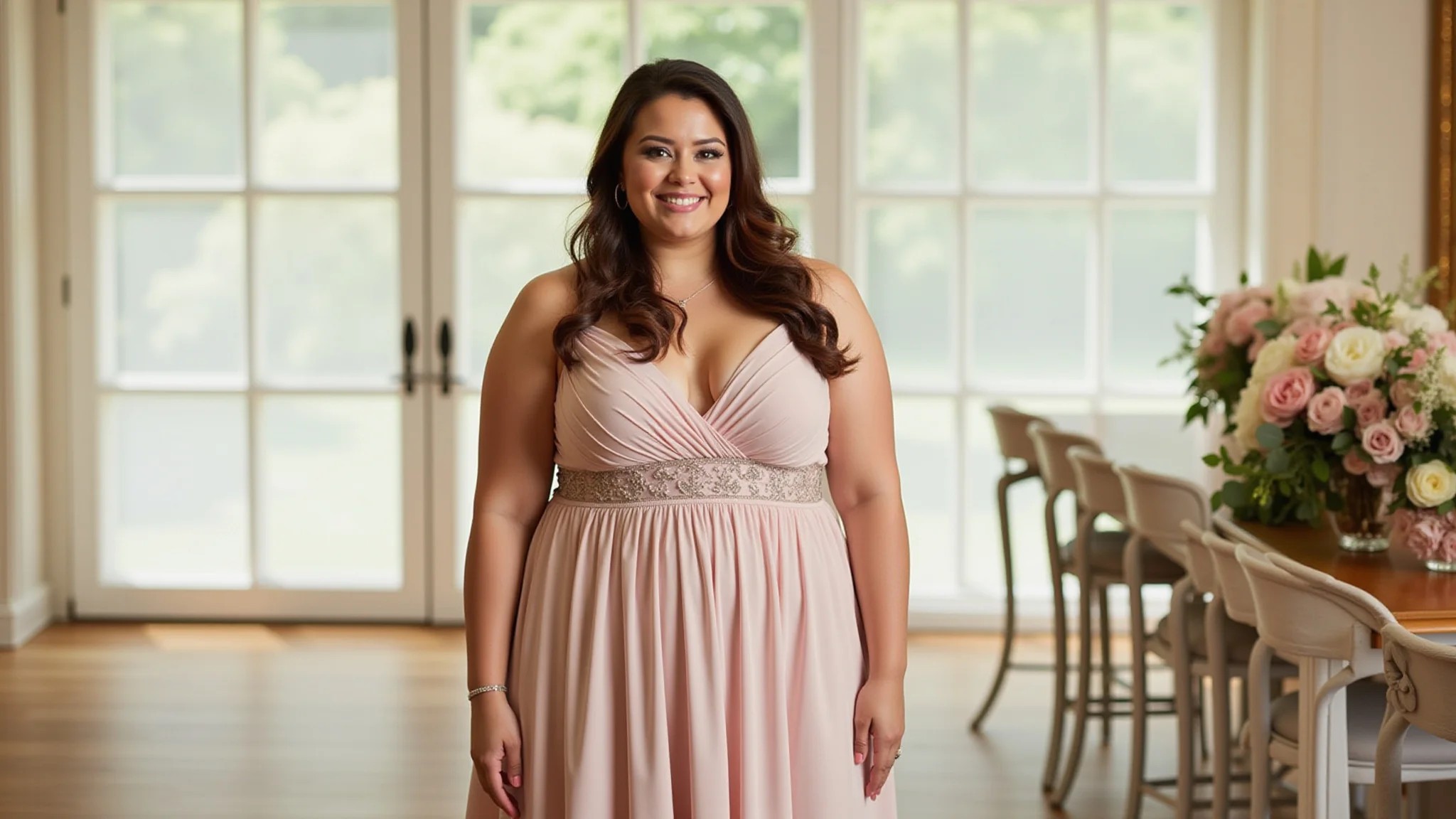 Mulher plus-size estilosa em vestido pastel em casamento civil, confiante.
