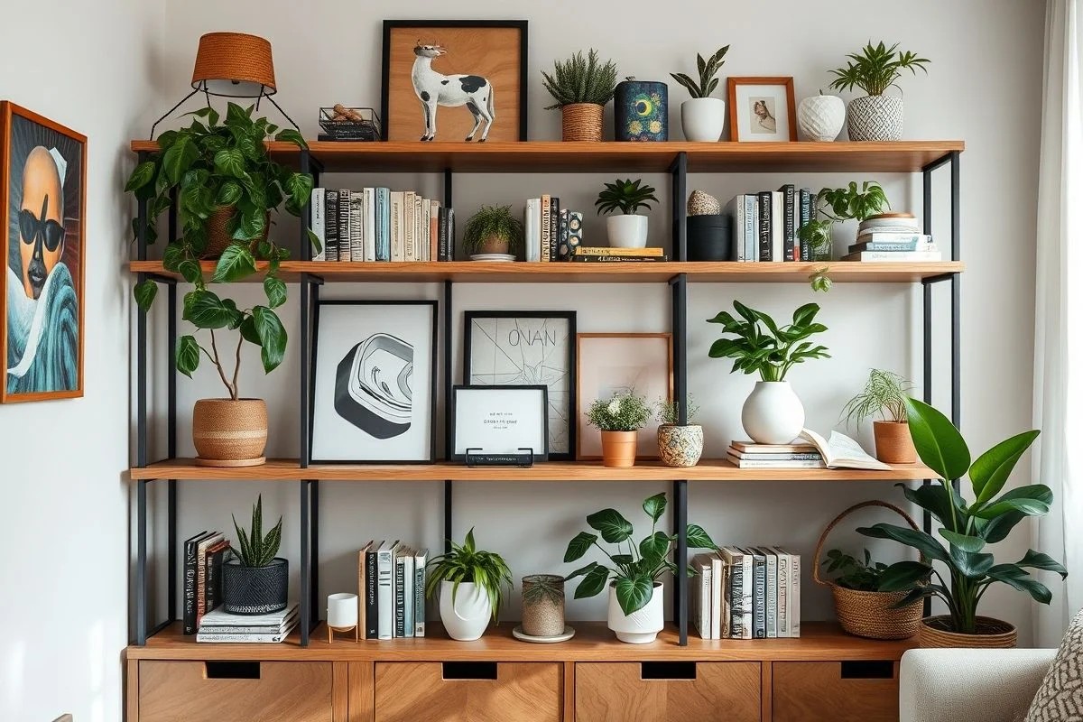 Estante decorada com livros, plantas e objetos em sala de estar brasileira