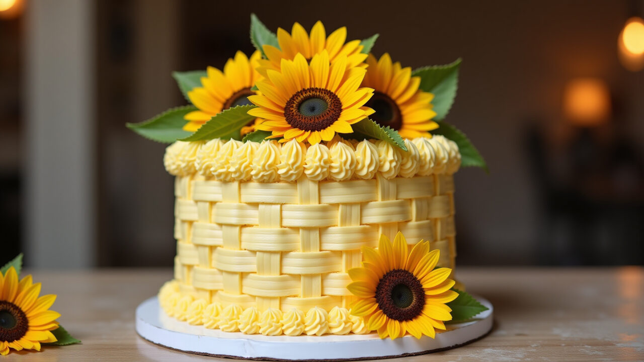 Sunflower cake with basket weave texture, buttercream frosting, real sunflowers, professional Bolo girassol com textura de cesta e flores.