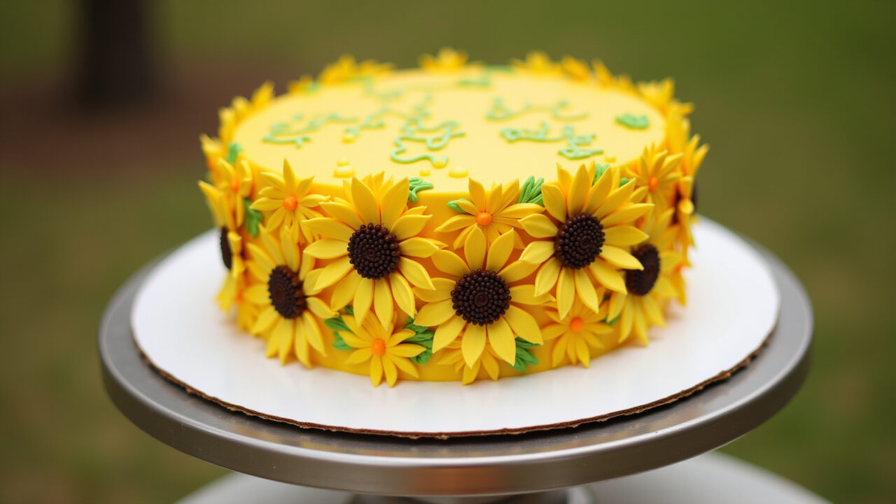 Sunflower cake with edible rice paper sunflower appliques, professional photography, 8K quality, Bolo girassol com apliques de papel de arroz.