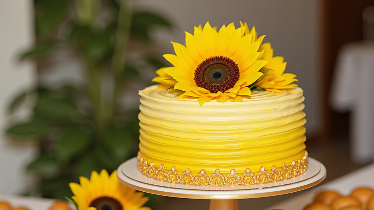 Sunflower cake with yellow buttercream ombre effect, gold details, professional photography, 8K Bolo girassol degradê com buttercream amarelo.
