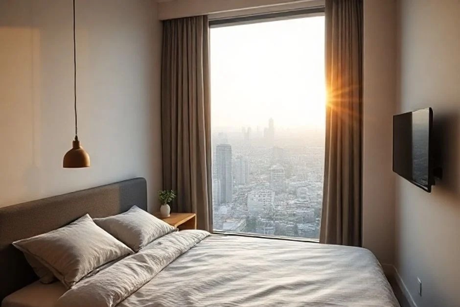 Criado mudo suspenso minimalista em apartamento brasileiro com vista.