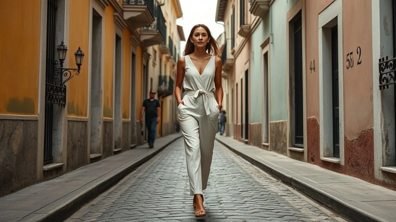 Mulher alta com macacão de corte reto de linho caminhando em rua histórica no Brasil.