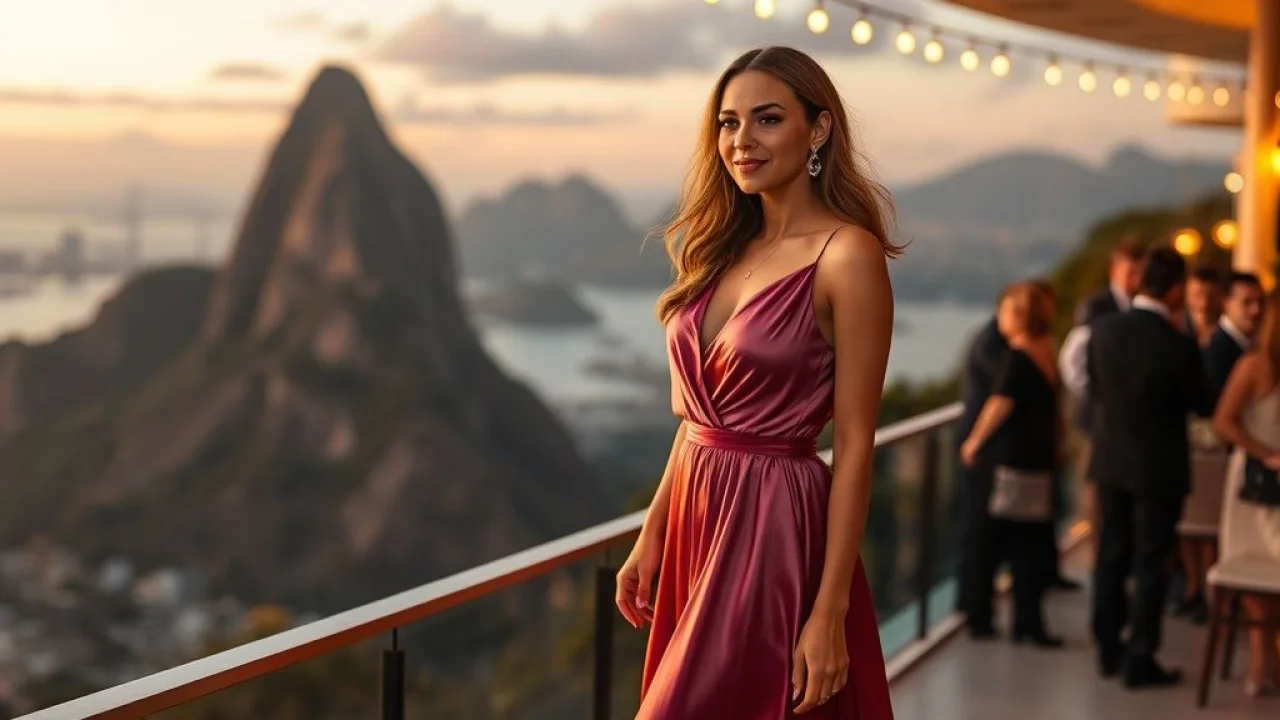 Mulher alta e elegante com macacão de seda em evento glamouroso no Rio de Janeiro.