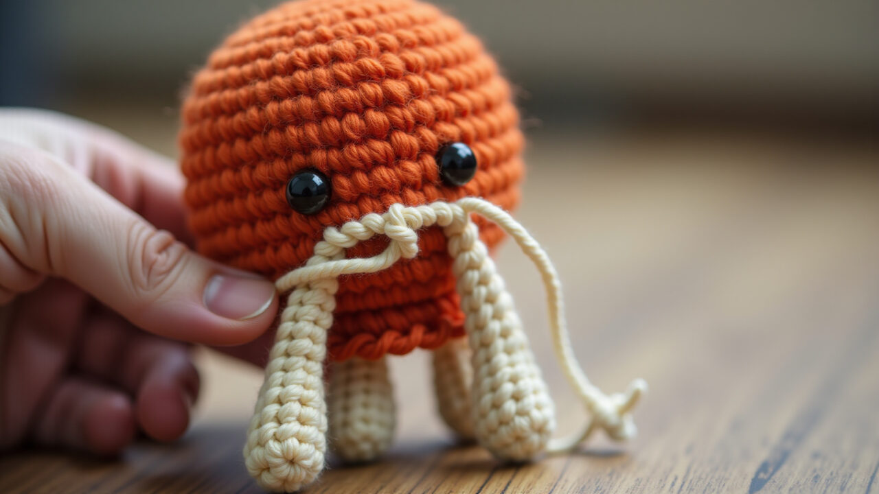 Escondendo os fios com agulha de tapeçaria para um acabamento profissional em mini amigurumis.